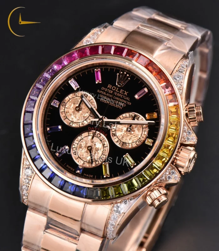 Daytona - Rainbow Diamond Bezel - Rose Gold Oyster Bracelet - Image 5